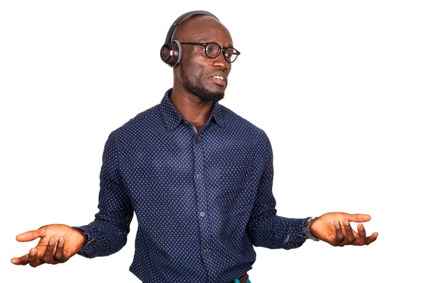 Young Man Listening Music Using Wireless Headphones Listening Sad Music — Stock Photo, Image