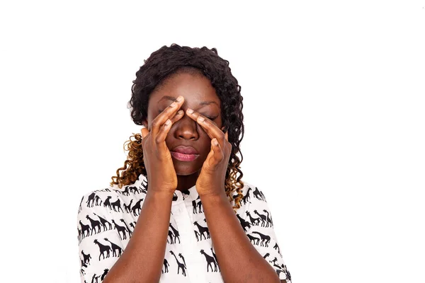 Beautiful Young Woman Closing Her Eyes Her Fingers Fingers Isolated — Stock Photo, Image