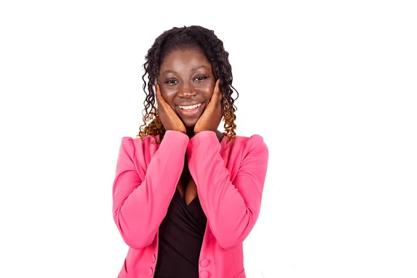 Mooie Jonge Vrouw Gekleed Roze Kleren Glimlachen Houden Haar Wangen — Stockfoto