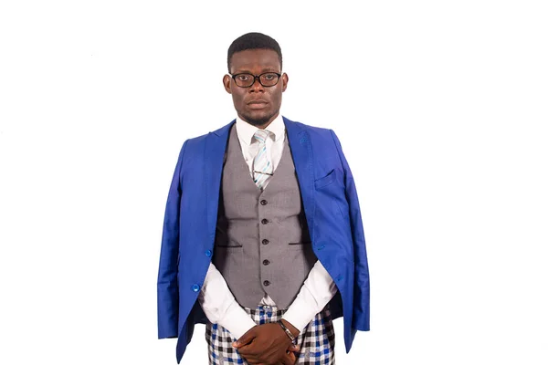 Serious Handsome Young Businessman Standing Glasses Wearing Blue Suit Jacket — Stock Photo, Image