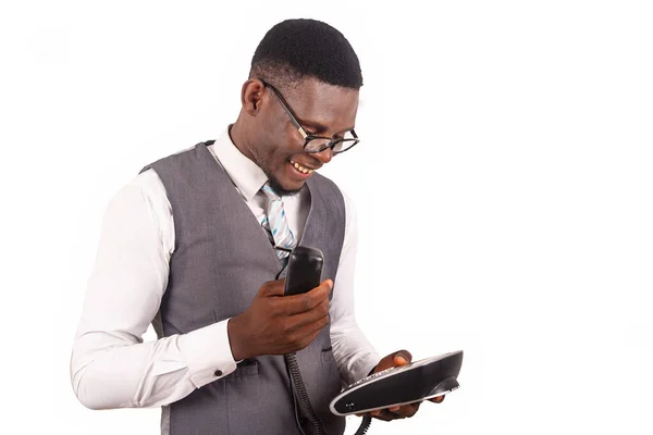 Joven Hombre Negocios Guapo Con Gafas Sosteniendo Teléfono Móvil Negro — Foto de Stock