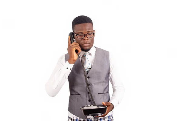 Joven Hombre Negocios Guapo Con Gafas Sosteniendo Teléfono Móvil Negro — Foto de Stock