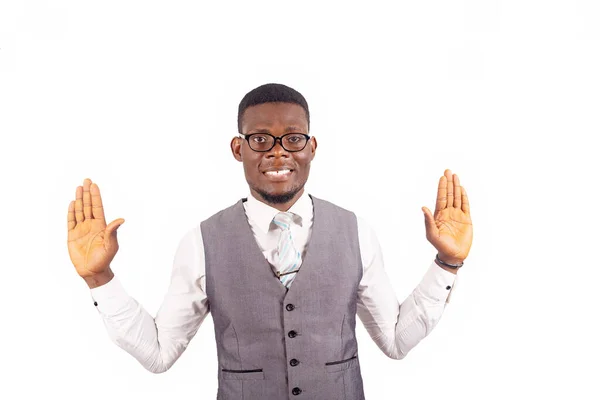 Young Businessman Wearing Glasses Gray Suit Vest Standing Showing Both — Stock Photo, Image