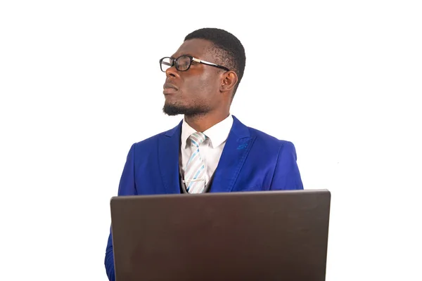 Handsome Young Businessman Jacket Sitting Isolated White Background Thinking Front — Stock Photo, Image