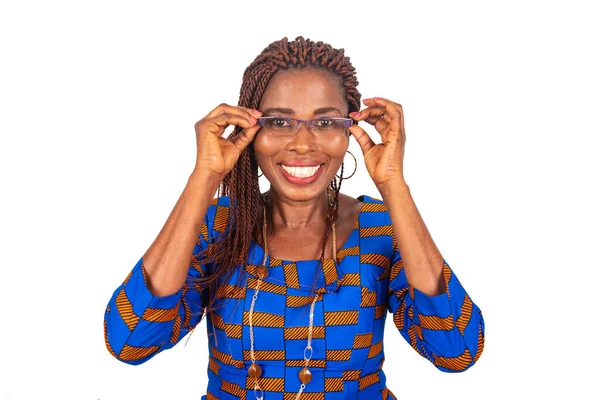 Beautiful Adult Businesswoman Wearing Eyeglasses Smiling Isolated White Background — Stock Photo, Image