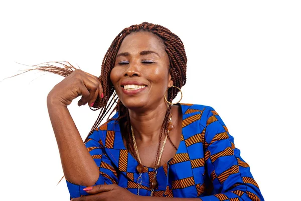 Beautiful Businesswoman Traditional Outfit White Background Holding Her Braids Smiling — Stock Photo, Image