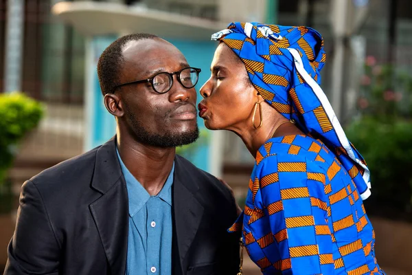 Beautiful Businesswoman Kissing Man Cheek Jacket Street — Stock Photo, Image