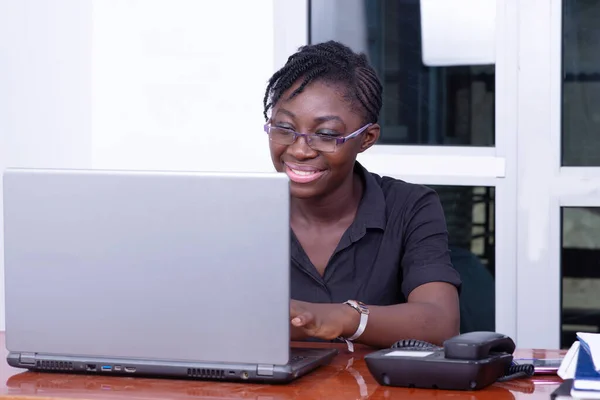 Beautiful Young Businesswoman Wearing Optical Glasses Working Laptop Office Smiling — Stock Photo, Image