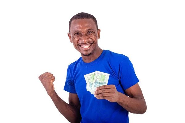 Young Man Blue Shirt Standing White Background Holding Banknotes Making — Stock Photo, Image