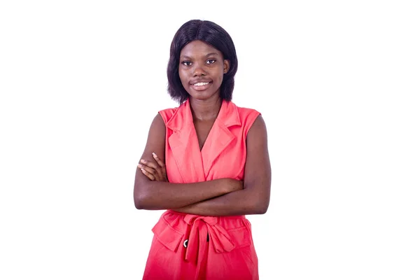 Beautiful Young Businesswoman Jacket Standing White Background Looking Camera Arms — Stock Photo, Image