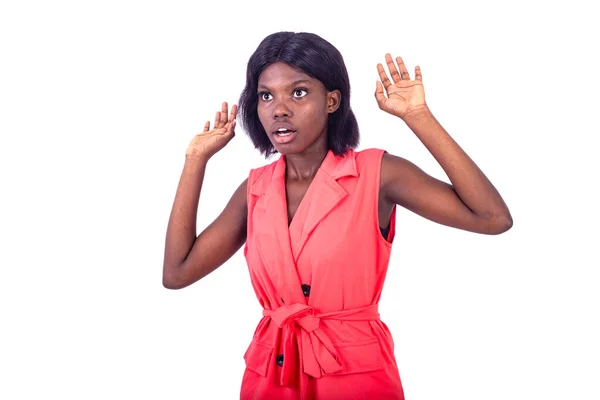 Young Woman Jacket Standing White Background Looking Something Surprised Air — Stock Photo, Image