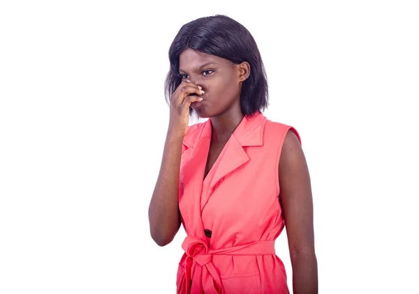 Young Businesswoman Jacket Standing White Background Covering Nose Hand Disgruntled — Stock Photo, Image