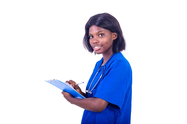 Jeune Infirmière Charmante Blouse Laboratoire Debout Sur Fond Blanc Avec — Photo