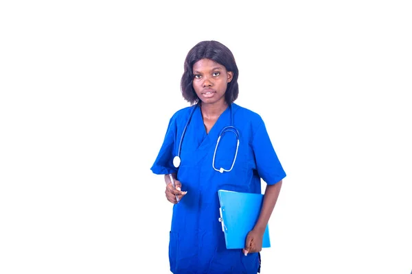 Young Charming Nurse Lab Coat Standing White Background Stethoscope Document — Stock Photo, Image