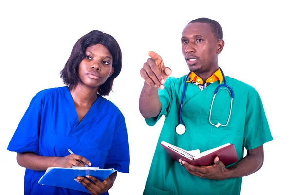 Doctor Nurse Discussing Patient Medical Reports Male Doctor Pointing Finger — Stock Photo, Image