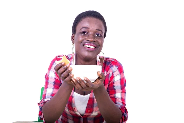 Beautiful Young Woman Having Breakfast While Drinking Cup Coffee Smiling — Stock Photo, Image