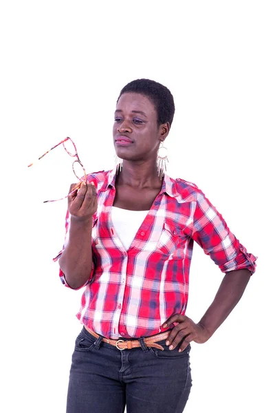 Young Woman Checkered Shirt Standing White Background Looking Her Glasses — Stock Photo, Image