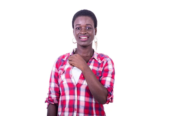 Young Woman Checkered Shirt Standing White Background Looking Camera Smiling — Stock Photo, Image