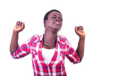 beautiful young woman stretching her arm while standing isolated on white background.