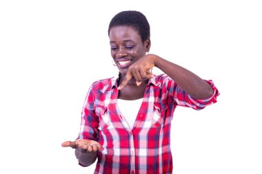 happy beautiful young woman pointing finger empty on hands while smiling.