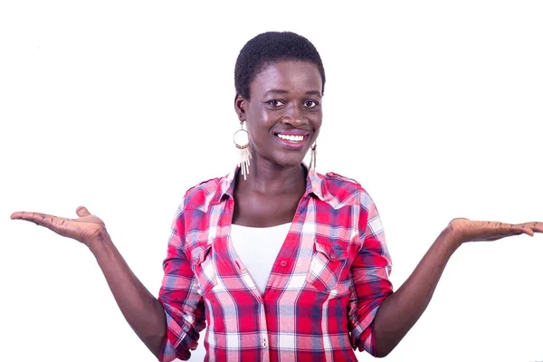 Young Beautiful Woman Checkered Shirt Standing White Background Looking Camera — Stock Photo, Image