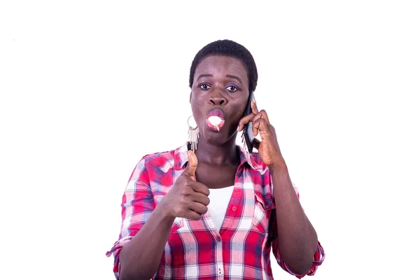 Portrait Beautiful Young Woman Talking Mobile Phone Yogurt Her Mouth — Fotografia de Stock