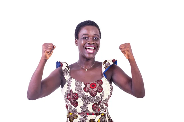 Beautiful Happy Young Woman Traditional Loincloth Making Winning Gesture Raising — Fotografia de Stock