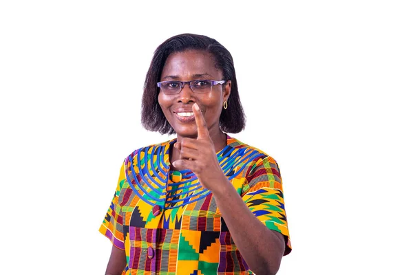 Beautiful Serious Adult Woman Wearing Glasses Standing Showing Forefinger While — Stock Photo, Image