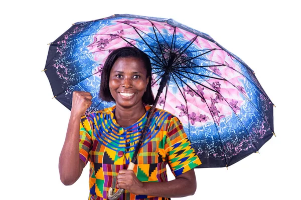 Une Femme Mûre Debout Sur Fond Blanc Avec Parapluie Faisant — Photo