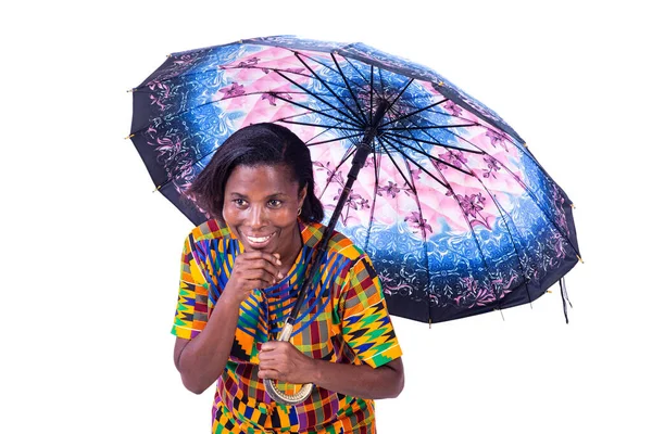 Una Mujer Madura Pie Sobre Fondo Blanco Bajo Paraguas Riendo —  Fotos de Stock