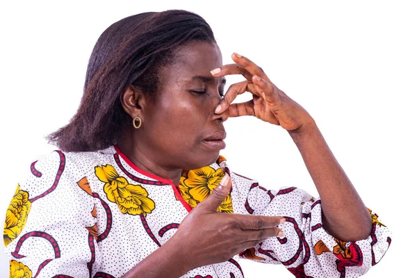 Adult Woman Pinching Her Nose Her Fingers Hold Her Breath — Stock Photo, Image