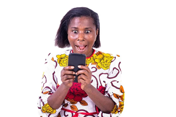 Mature Woman Corsage Standing White Background Looking Cellphone Looking Surprised — Stock Photo, Image