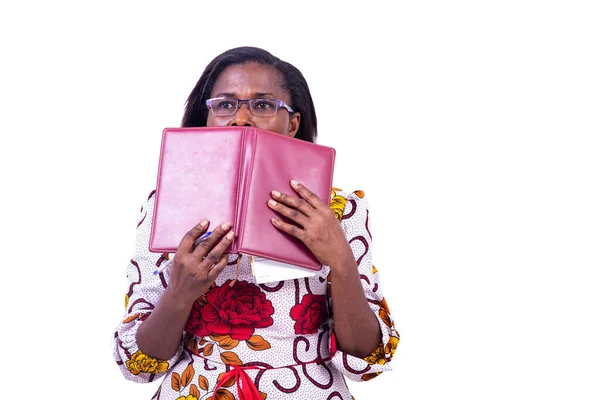 Serious Adult Businesswoman Wearing Glasses Covering Mouth Book — Stock Photo, Image