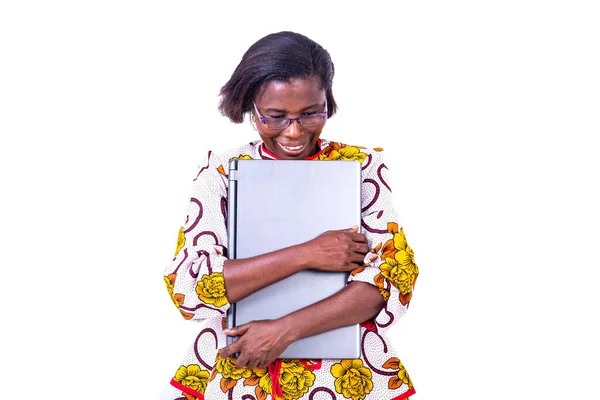 Woman Glasses Standing White Background Holds Laptop Computer Smiling — Stock Photo, Image