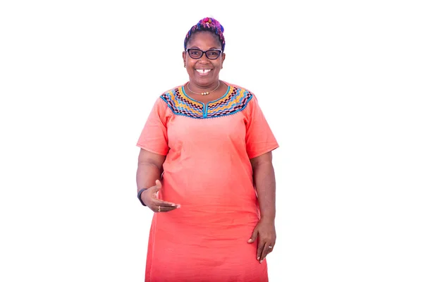 Portrait Adult African Woman Wearing Optical Glasses Orange Dress Smiling — Stock Photo, Image