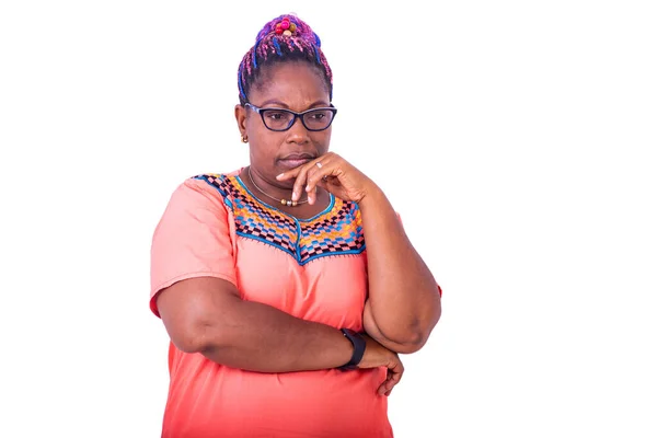 Pensive Adult Woman Wearing Glasses Orange Dress Crossing Her Arm — Stock Photo, Image