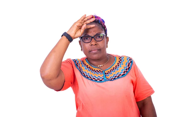 Mature Woman Wearing Optical Glasses Hand Forehead While Looking Far — Stock Photo, Image