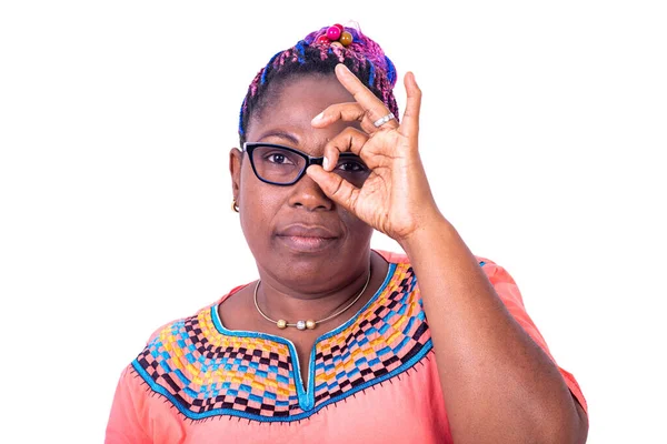 Mature Woman Optical Glasses Making Correct Sign Hand Eyes Looking — Stock Photo, Image