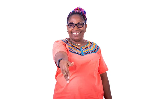 Beautiful Mature Woman Wearing Orange Dress Glasses Offering Handshake While — Stock Photo, Image