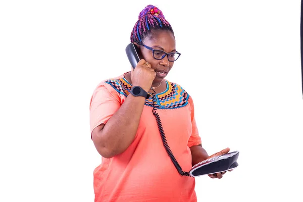 Serious Mature Woman Wearing Glasses Standing While Talking Mobile Phone — Stock Photo, Image