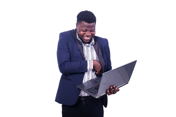 Joven Empresario Feliz Vistiendo Traje Elegante Usando Una Computadora Portátil —  Fotos de Stock