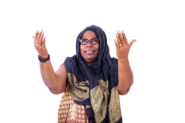 Muslim Mature Woman Wearing Glasses Praying God Raised Prayer Gesture — Stock Photo, Image