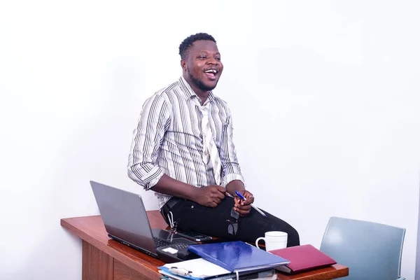 Young Smiling Businessman Sitting Table Office Looking Aside — Stock Photo, Image