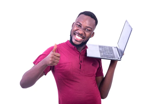 Young Businessman Red Shirt Standing White Background Carrying Laptop Shoulder — Stock Photo, Image