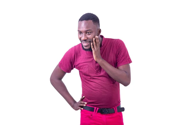 Portrait Handsome Happy Young Man Wearing Red Shirt Looking Aside — Stock Photo, Image