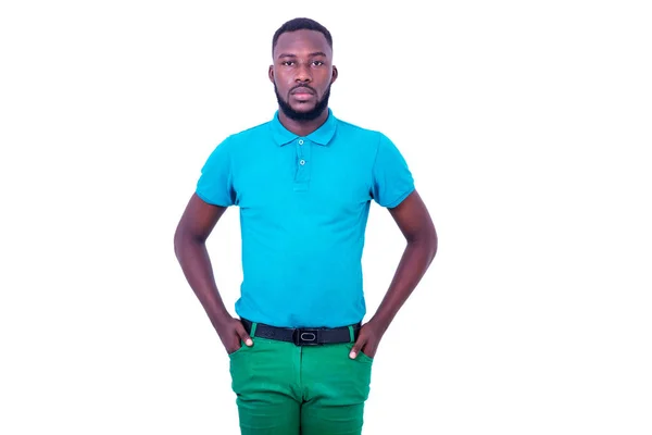 Jeune Homme Sérieux Portant Shirt Bleu Tenant Main Dans Ses — Photo