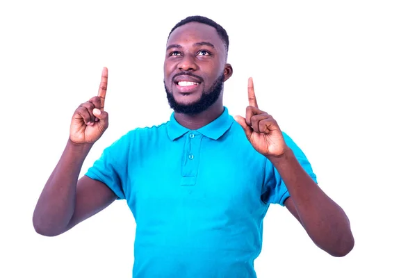 Retrato Joven Feliz Guapo Usando Camiseta Azul Señalando Los Dedos —  Fotos de Stock