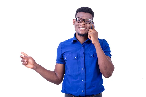 Portrait Young Man Wearing Optical Glasses Talking Mobile Phone Pointing — Stock Photo, Image