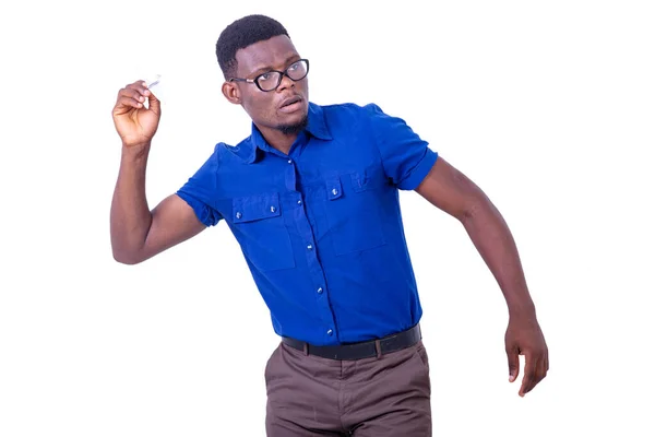 Handsome Serious Young Man Wearing Glasses Throwing Paper Plane — Stock Photo, Image