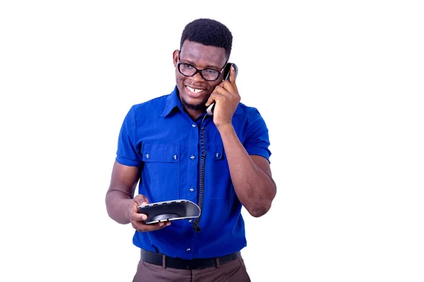 Joven Hombre Negocios Guapo Con Gafas Hablando Teléfono Móvil Sonriendo — Foto de Stock